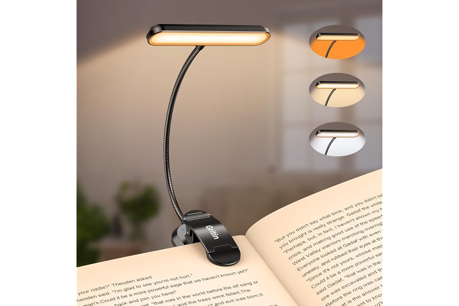 Gritin Rechargeable Book Light for Reading in Bed with 19 LED | Eye Caring 3 Color Temps,5 Brightness Levels,Memory Function,90 Hrs Runtime Flexible Goose Neck Clip on Light for Book Lovers