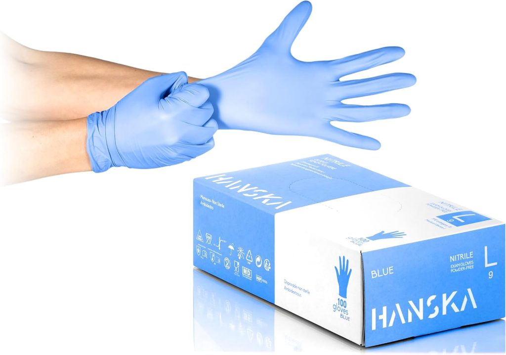 HANSKA Lot de 100 gants jetables nitrile bleu – sans poudre – jetables – ambidextres – non stériles – Base en caoutchouc – Convient pour les domaines médicaux, la manipulation des aliments (100, L)