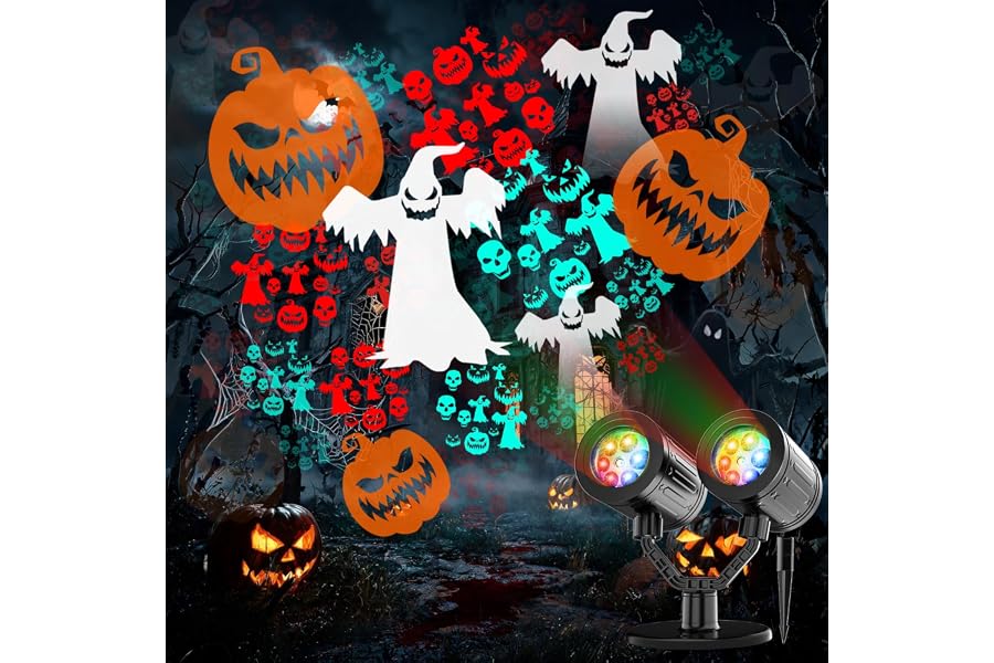 Halloween Projector Lights Outdoor Dynamic Halloween Decorations with Timer | Double Head IP65 Waterproof 360° Rotating, Ghos