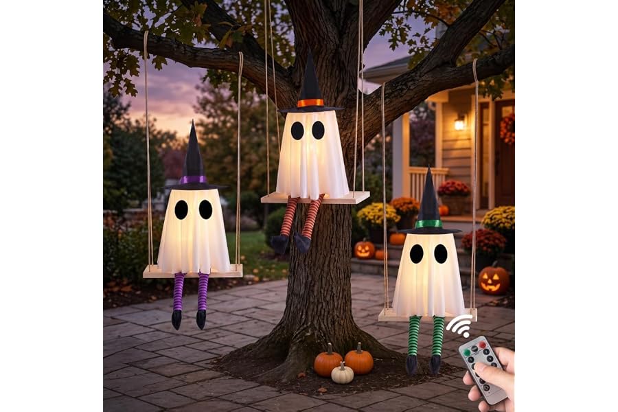 Halloween Swinging Ghost Outdoor Decor, Spooky Hanging Ghosts Decorations | Set of 3, Timer Function, Remote Control, Unique Ghost & Witch Fusion Design, Solid Wood, 29.5Inches Height