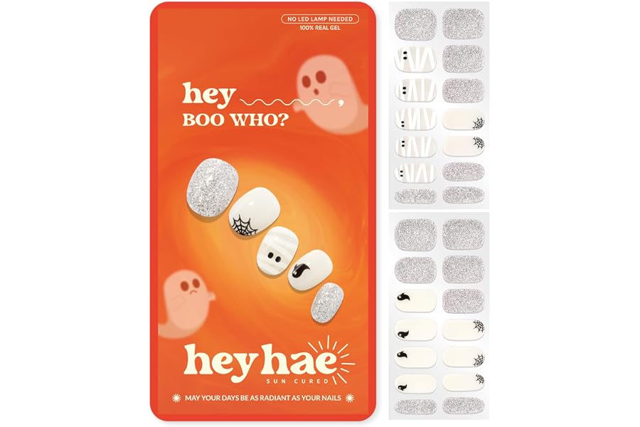 Heyhae Semi Cured Gel Nail Strips - Hey, Boo Who? | Halloween | Sun Cured No UV Light Needed, Salon Quality, Easy Apply & Remove | 28 Strips, Prep Pad, Nail File, Wooden Stick