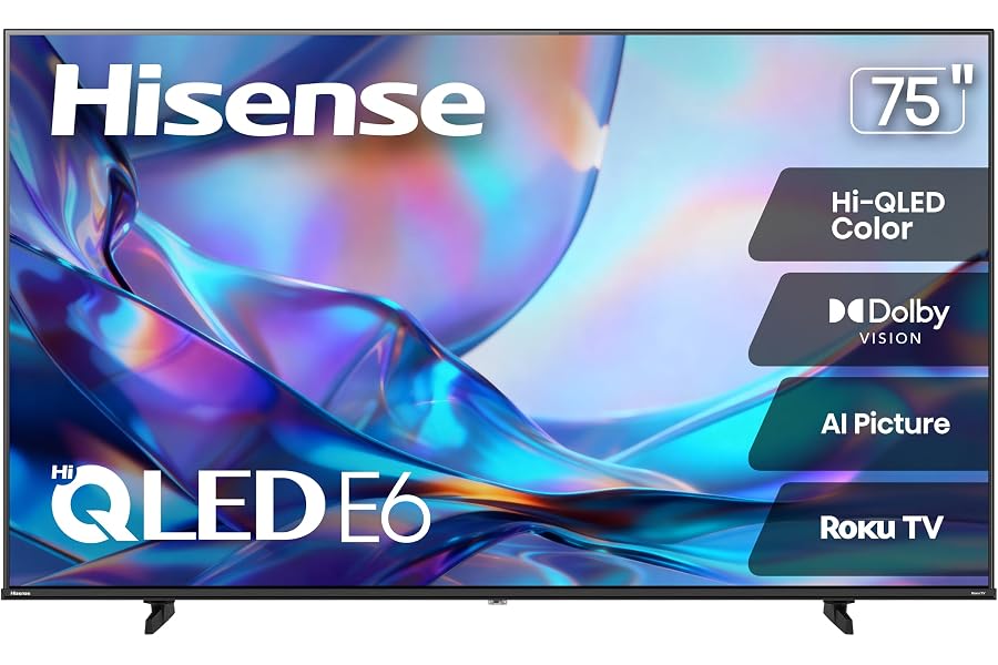 Hisense 75" Class E6SR Series Hi-QLED 4K UHD Smart Roku TV (75E6SR, 2026 Model) - Dolby Vision, Game Mode Plus, VRR, ALLM, DTS Virtual:X, Apple AirPlay, Compatible with Alexa and Google Assistant