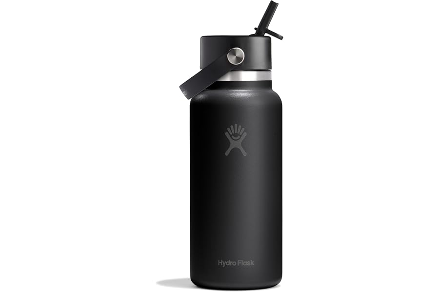 Hydro Flask Water Bottle - Insulated Stainless Steel - Wide Mouth Flex Straw Lid, Non Spill, Leakproof and Refillable in 32 Oz Tonal Black