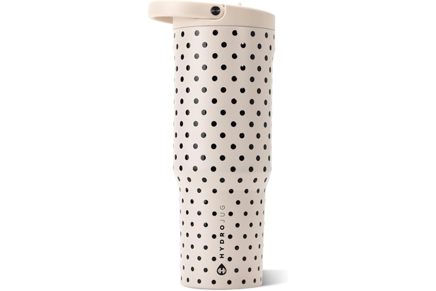 HydroJug Polka Dot Sport 32 oz Insulated Water Bottle, French Vanilla | Triple wall insulated, circular flip straw, leak-resistant, swivel handle, removable rubber boot, BPA-free, Polka Dot