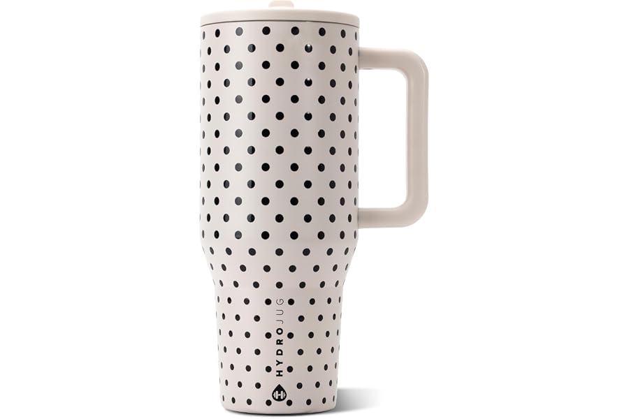 HydroJug Polka Dot Traveler 40oz, Insulated Tumbler, French Vanilla | Triple wall insulated, flip straw lid, leak-resistant, stainless steel, cup holder friendly, BPA-free, Polka Dot