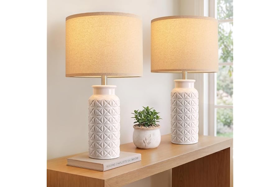 Innqoo 22.6" Modern Ceramic Bedside Lamps Set of 2, Lamps for Bedroom,White | Table Lamps for Living Room, Nightstand Lamps,