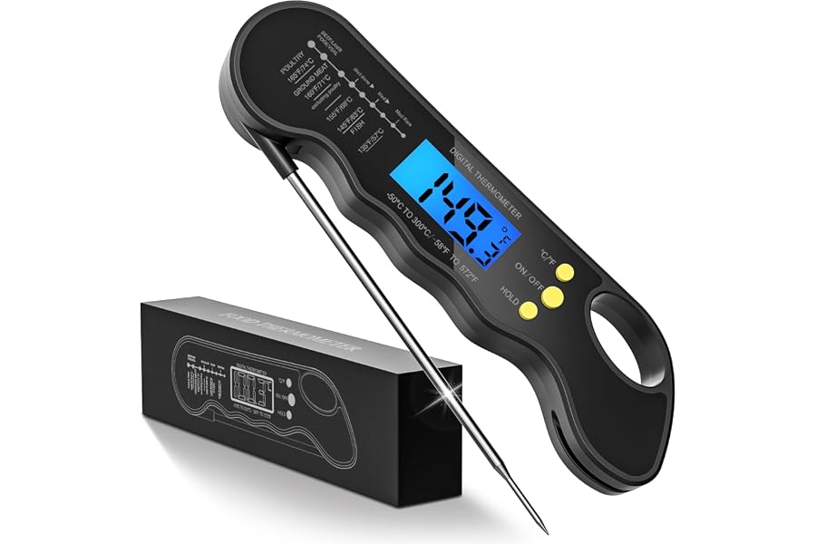 Instant Read Meat Thermometer, Fast & Accurate Digital Food Thermometer with Backlight, Waterproof & Magnet for Grilling, Cooking, BBQ, Smoker, Baking, and Candy Making (Black)