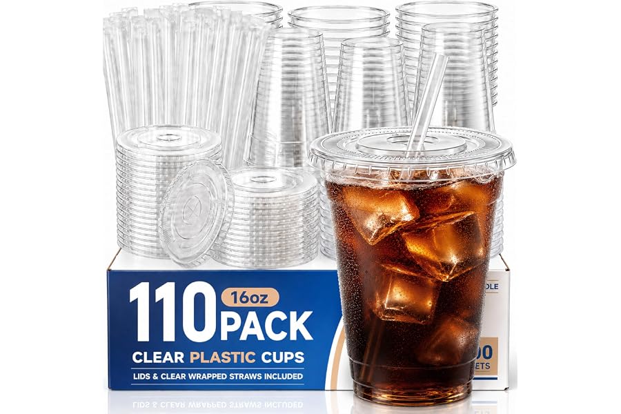 JYTHGPUC 110 Pack 16 oz Disposable Clear Plastic Cups with Lids and Straws | BPA-Free & Heavy-Duty Design, Leak-Resistant for