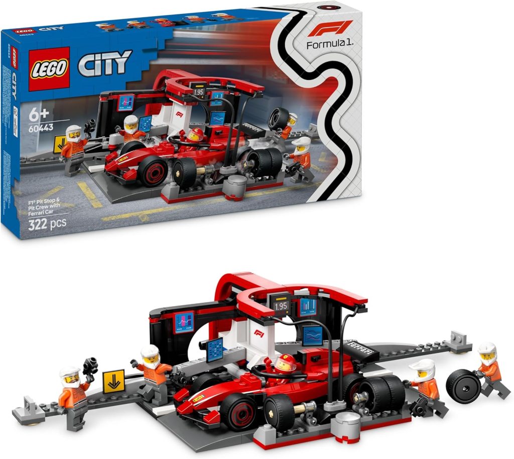 LEGO City Pit Stop e Meccanici con Monoposto Ferrari F1 - Kit Officina da Costruire con Macchina Giocattolo, Minifigure e Accessori, Giochi per Bambini da 6 Anni Fan delle Auto da Corsa Sportive 60443