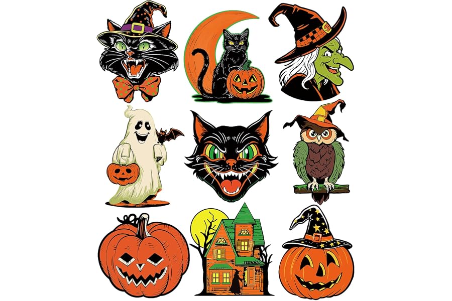 Large Vintage Halloween Decorations Double-Sided Halloween Cutouts Retro Halloween Spooky Ghost Pumpkin Witch Cat Cutouts for Trick or Treat Holiday Party Window Wall Decor(9PCS)