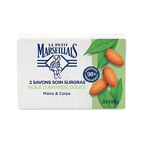 Le Petit Marseillais Savon Soin Surgras Huile d'Amande Douce, 2 x 100 g | Savon solide multi-usages mains & corps avec 98 % d'ingrédients d'origine naturelle, Emballage en papier recyclable