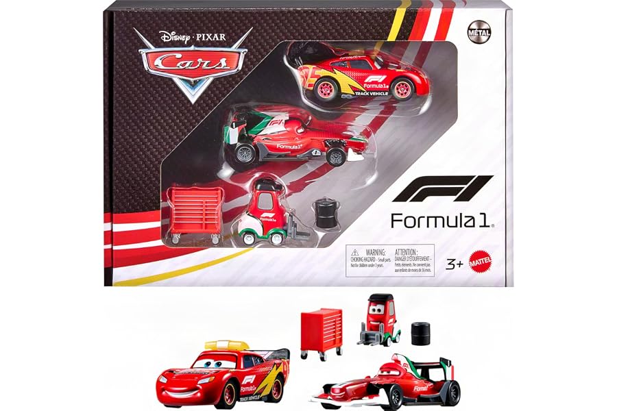 Mattel Disney and Pixar Cars Formula 1 Multipack with 3 Toy Cars | Includes Lightning McQueen, Francesco Bernoulli & Alex Machino Vehicles Plus Tire Stack & Tool Cart Accessories
