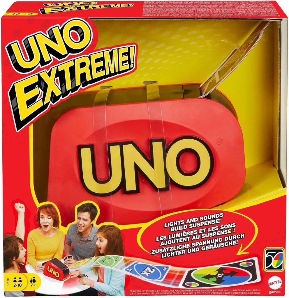 Mattel Games UNO Extreme - Juego de Cartas Familiar con Lanzador - con Luz y Sonido - 112 Cartas - De 2 a 10 Jugadores - Regalo para Niños de 7+ Años y Adultos, GXY75