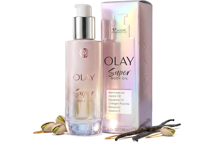 Olay Super Body Oil for Women, with 5-in-1 Oil + Serum Complex with Jojoba Oil, Squalene Oil, Bakuchiol, Collagen peptide, and Vitamin E, Free of Sulfates, Parabens & Phthalates, 4 Fl Oz