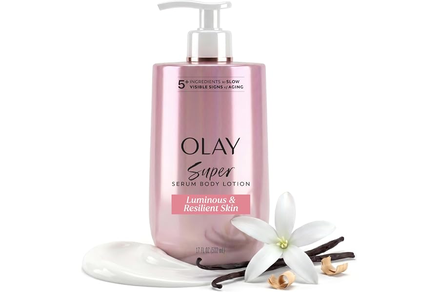 Olay Super Serum Hand & Body Lotion for Aging, 24hr Long Lasting Moisture, Fast Absorbing, 5+ Ingredient Complex for Bright Even Firm Luminous Skin, Sweet Vanilla & Soft Wood Scent, 17 fl oz