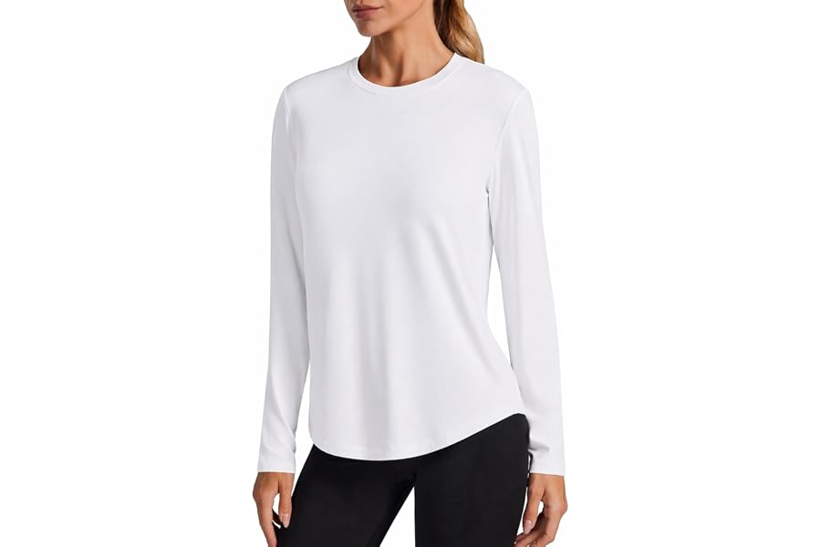 PINSPARK Soft Workout Tops for Women Long Sleeve Athletic Hiking Shirts | Soft, Moisture Wicking, Quick-dry, UV Protection, Side Curved Hem, Crewneck for Workout, Hiking, Running, Pilates, Casual