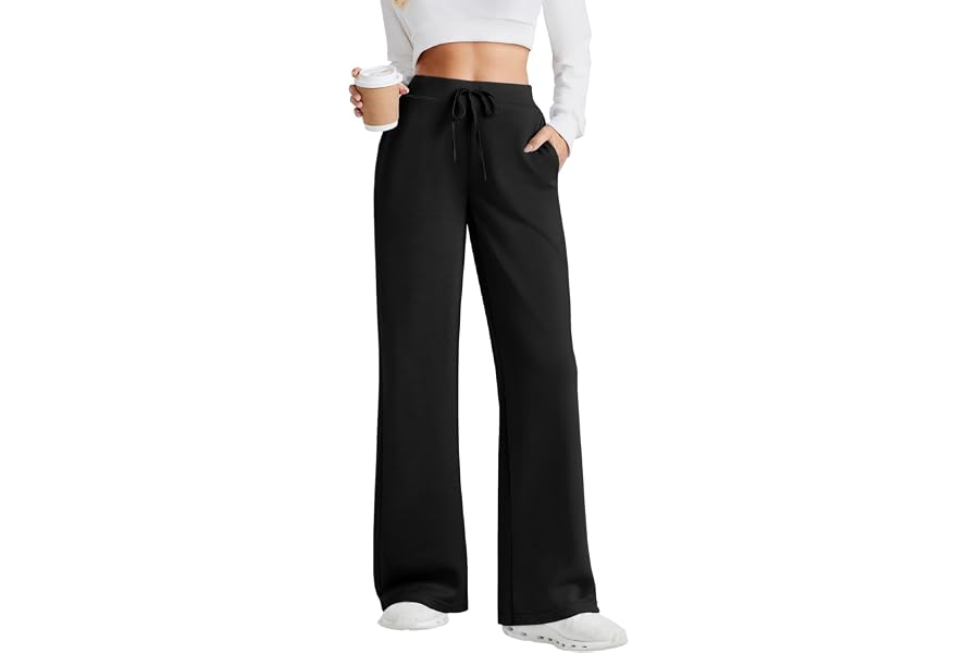 PINSPARK Women's Sweatpants Wide Leg Baggy Lounge Pants with Pockets | High Waist, Petite/Regular/Tall Fit, Air Layer Fabric, Drawstring Straight Open Bottom Sweat Pants for Workout, Yoga, Casual