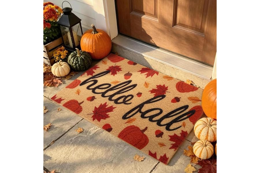 PKFEDR Fall Door Mat, Non Slip Outdoor Front Porch Welcome Mat 17"x30" | Heavy Duty Washable Doormat Traps Mud. Low Profile A