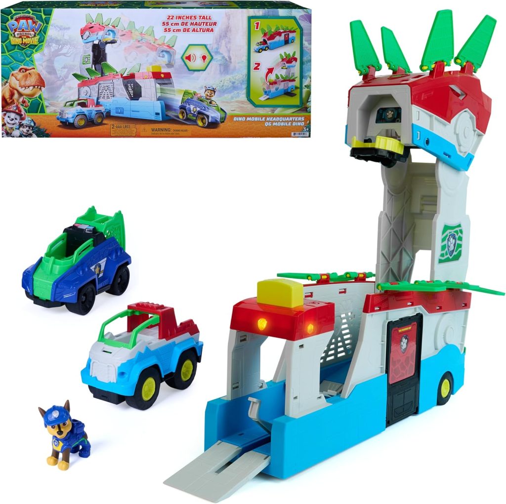 Paw Patrol: The Dino Movie, Set de Juego de cuartel General con transformación 2 en 1, Luces y Sonidos, Incluye Figura de Chase y 2 vehículos, Juguetes para niños y niñas, a Partir de 3 años, 55,8 cm