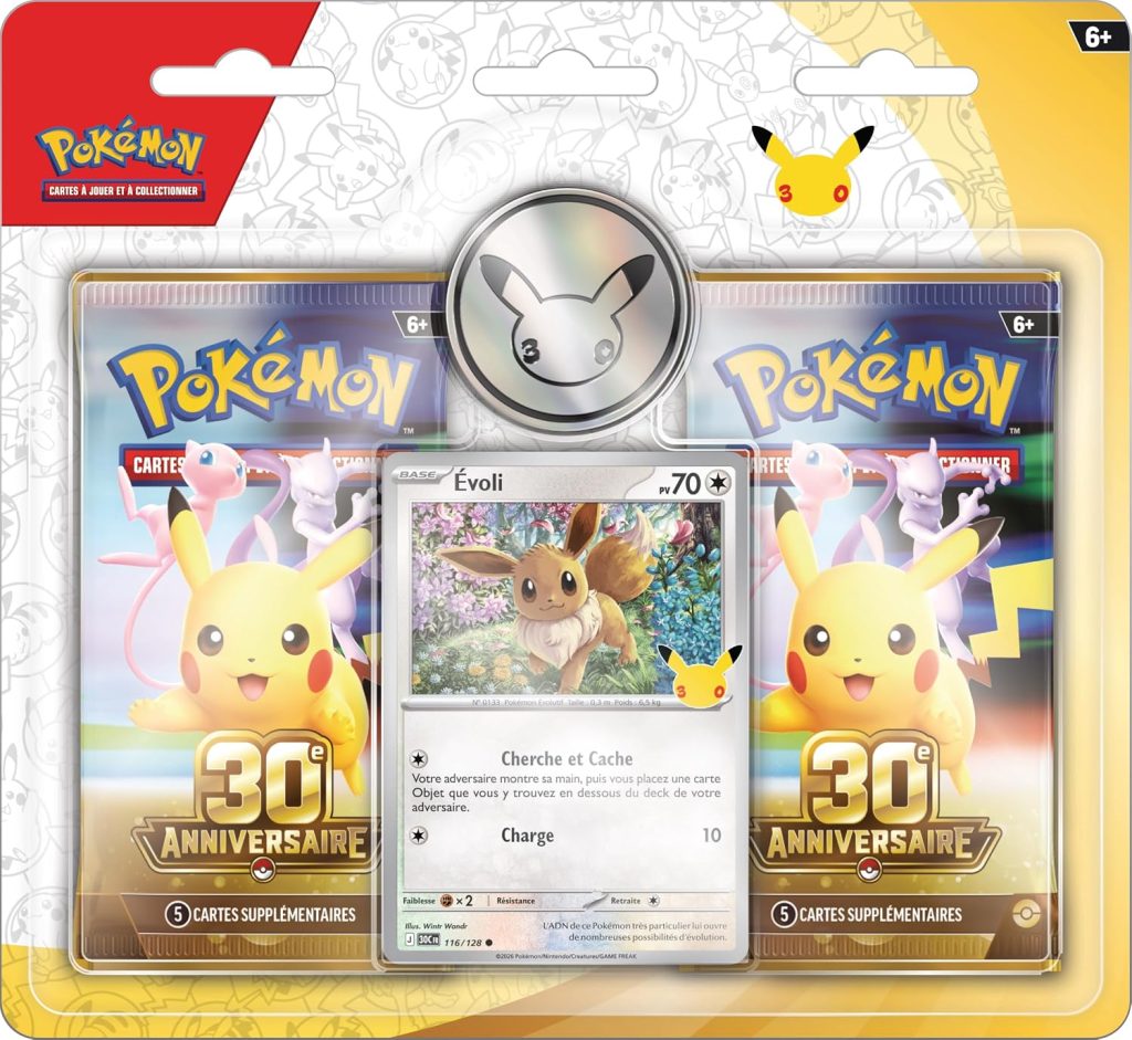 Pokémon : Blister de 2 boosters 30ᵉ Anniversaire du JCC Pokémon (1 Carte Brillante, 1 pièce et 2 boosters)