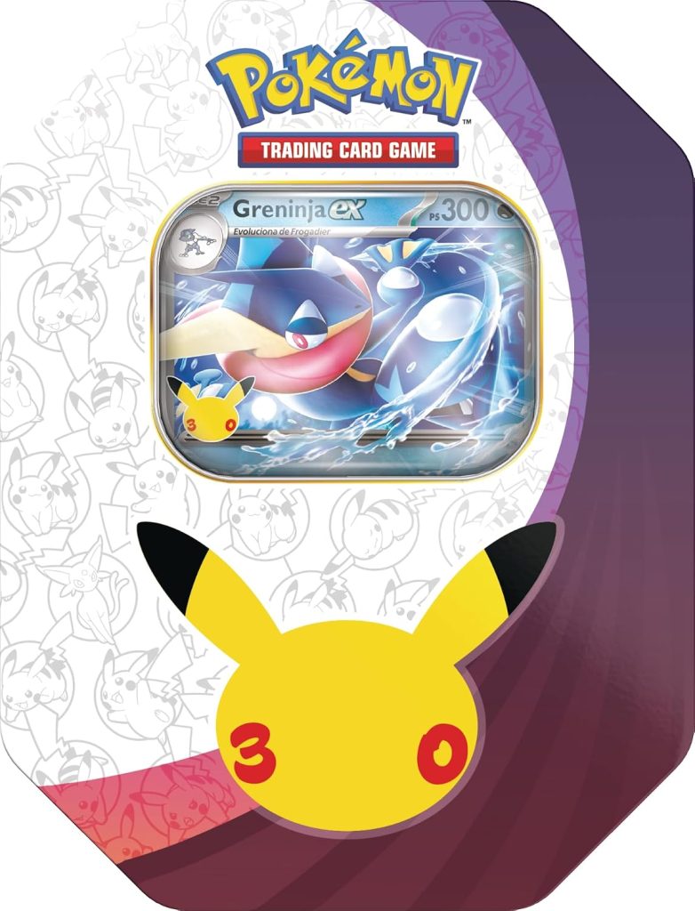 Pokémon: Lata Celebración 30.º Aniversario: Greninja ex de JCC Pokémon (1 Carta holográfica de promoción y 4 Sobres de Mejora)