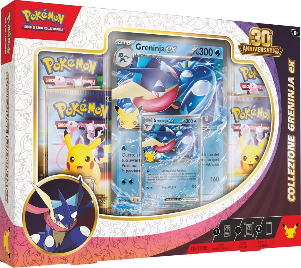Pokémon: collezione Greninja-ex dell’espansione 30° Anniversario del GCC Pokémon (1 carta promozionale olografica, 1 carta olografica gigante e 4 buste di espansione), Edizione in Italiano