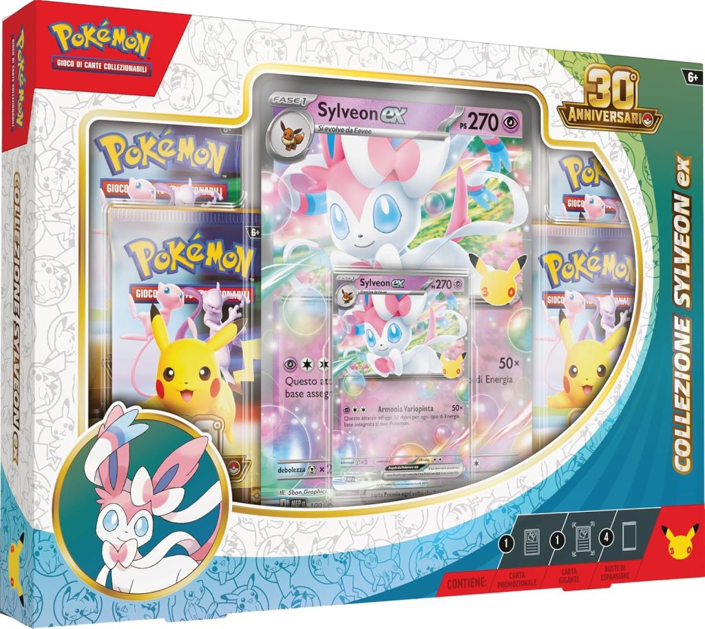Pokémon: collezione Sylveon-ex dell’espansione 30° Anniversario del GCC Pokémon (1 carta promozionale olografica, 1 carta olografica gigante e 4 buste di espansione), Edizione in Italiano
