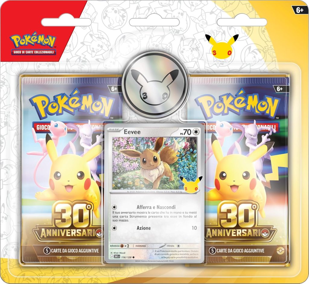 Pokémon: confezione da due buste dell’espansione 30° Anniversario del GCC Pokémon (1 carta olografica, 1 moneta e 2 buste di espansione), Edizione in Italiano