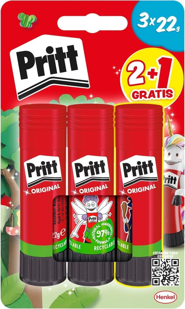 Pritt Stick Original Pegamento Barra Escolar para Manualidades, 2+1 x 22 g | Para Papel/Cartón/Cartulina/Etiquetas/Fotos, 97% ingredientes naturales, Lavable a 20 °C, Sin disolventes, Seguro para Niños
