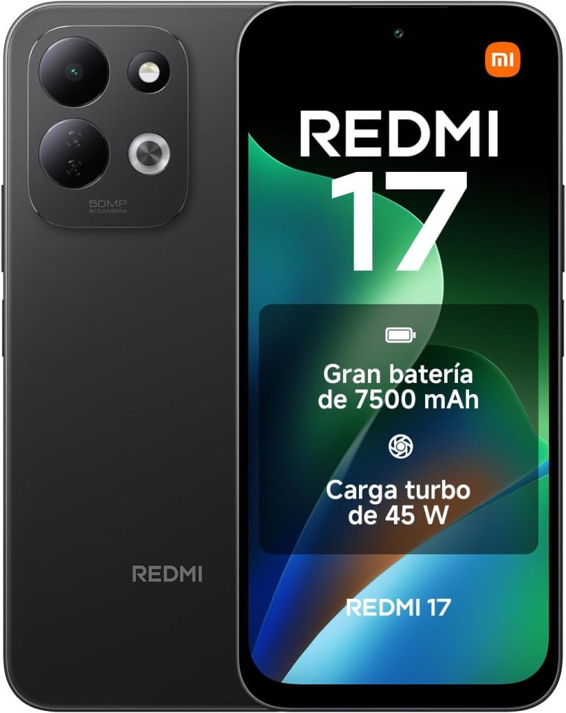 REDMI 17, 4+256GB, Negro, 7500mAh, Carga Turbo 45 W | Corning® Gorilla® Glass 7i resistente, pantalla inmersiva de 6,9", potente MediaTek Helio G91-Ultra, cámara dual AI de 50 MP