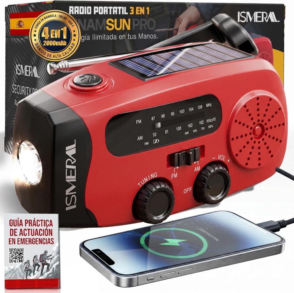 Radio Solar de Emergencia con Manivela 2000 mAh, Am/FM Linterna LED, SOS | 3 Modos de Carga: Manivela, Panel Solar y USB. Incluye Manual de Emergencias; Ideal Para Apagones, Camping y Supervivencia.