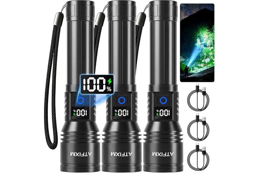 Rechargeable Flashlights High Lumens 99000, Super Bright Flash Light, 3Pack | LCD Display, 5 Modes LED, Adjustable Focus, Pow