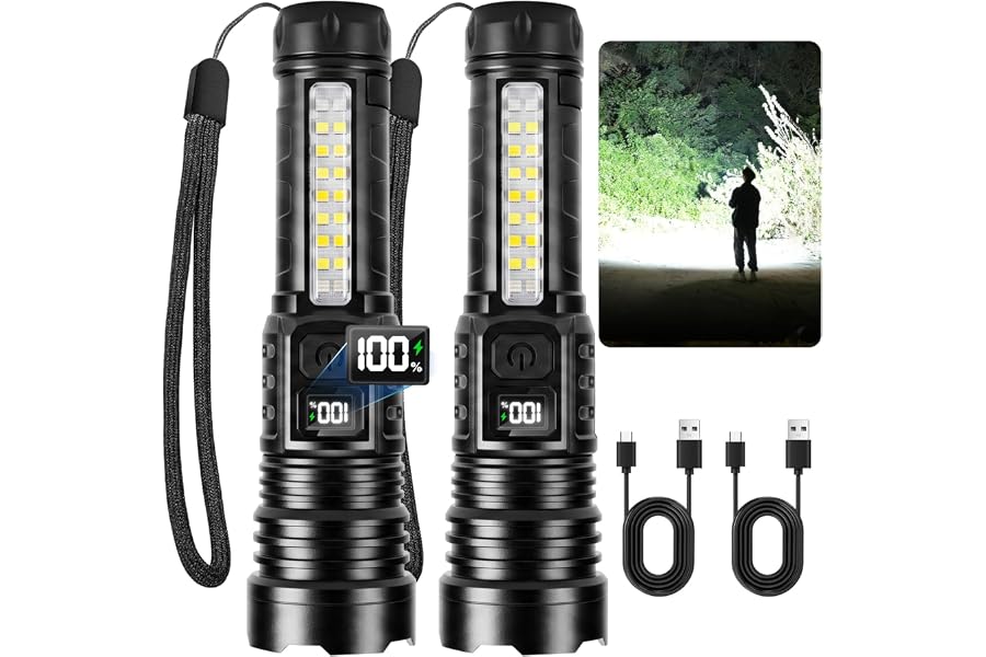 Rechargeable Flashlights High Lumens 99000 2 Pack, Super Bright Flash Light | LCD Digital Display, LED 7Mode Powerful, USB-C