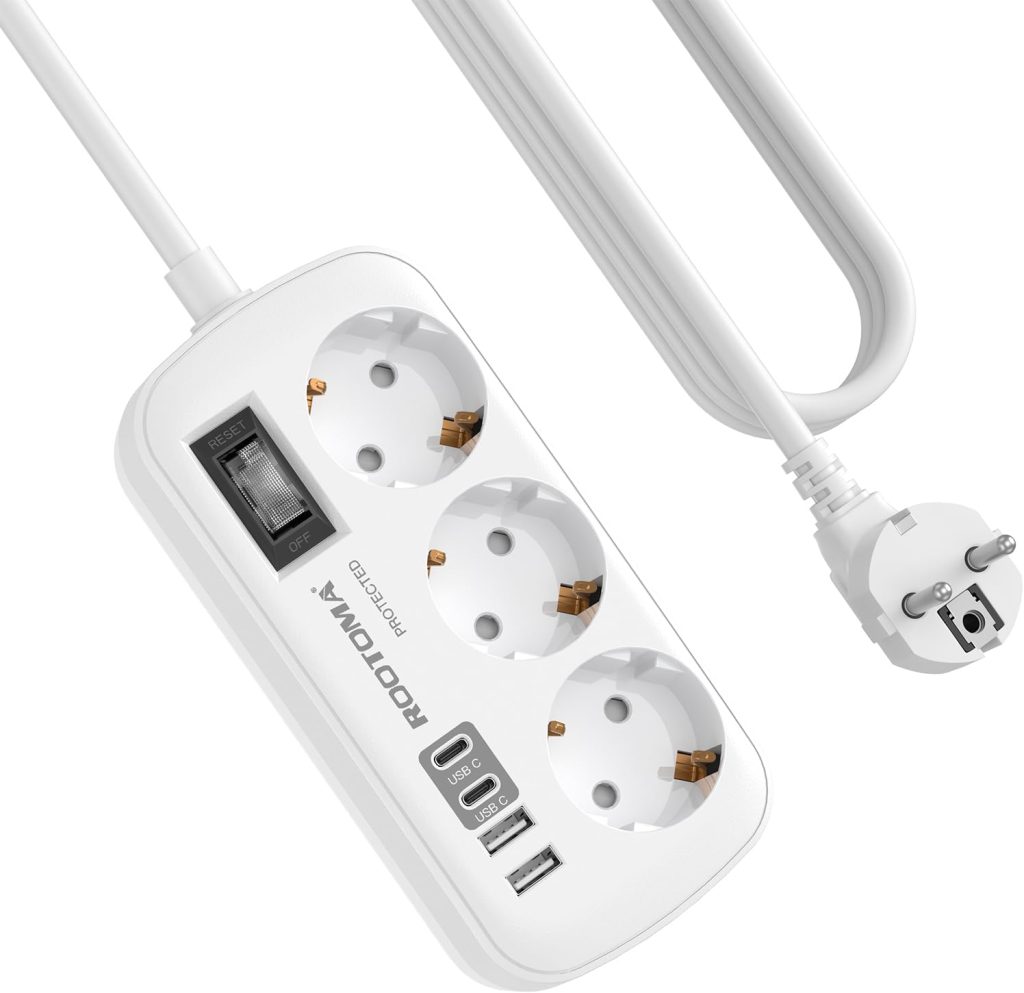 Regletas Enchufes con USB, Protección Sobretensión, 3 Tomas con Interruptor | Protección Contra Sobrecarga, 2 USB C y 2 USB A (5V/3,1A), Cable 1,5m, Ideal para Viajes y Hogar, 16A/250V
