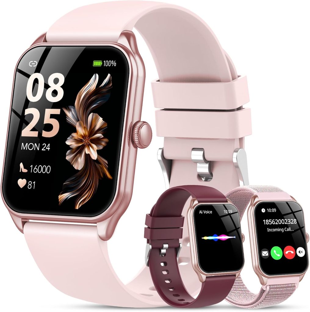 Reloj Inteligente Mujer-3 Correas, Llamadas Bluetooth y Voz AI, Whatsapp Notificación,1.83" Smartwatch Mujer con SpO2 Pulsómetro Monitor de Sueño,120+Modos Deportes, Impermeable IP68 para iOS/Android