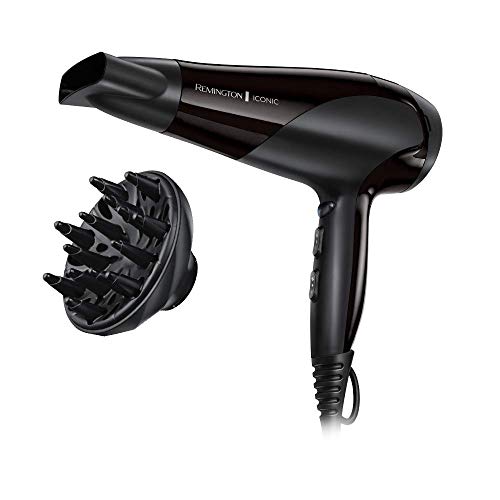 Remington Secador de Pelo Ionic Dry 2200, Iónico, Cabello Sin Encrespamiento, 2200 W, Concentrador y Difusor, 3 Temperaturas, 2 Velocidades, Rejilla Trasera Desmontable, Gancho Para Colgar, D3198