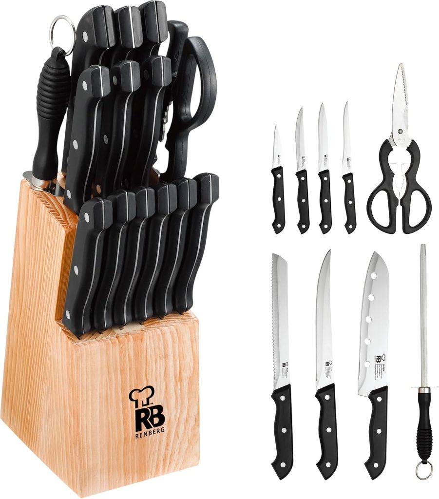 Renberg Tenessy | Cuchillos de Cocina | Set Completo de 15 Piezas con Tacoma de Madera | Perfectos para Cortar Todo Tipo de Ingredientes | Cocina Profesional | Fabricados en Acero Inoxidable