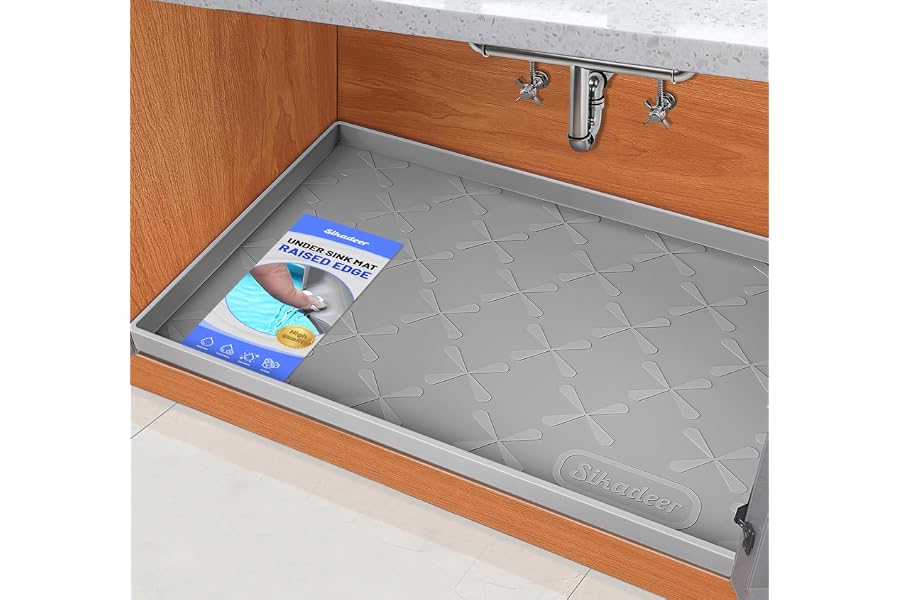 SIKADEER Waterproof Under Sink Mat 34" x 22", Silicone Mat Kitchen liner | BPA-Free Silicone Tray with Raised Lip Protect Cab