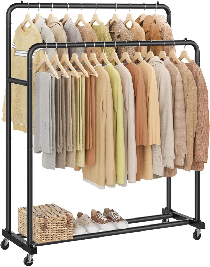 SONGMICS Perchero para Ropa con Ruedas, Carga de 90 kg, 46,5x110x155,5 cm | Burro Ropa Móvil, 2 Ruedas con Freno, para Dormitorio, Negro Tinta, Colección PATAYE HSR017BH01