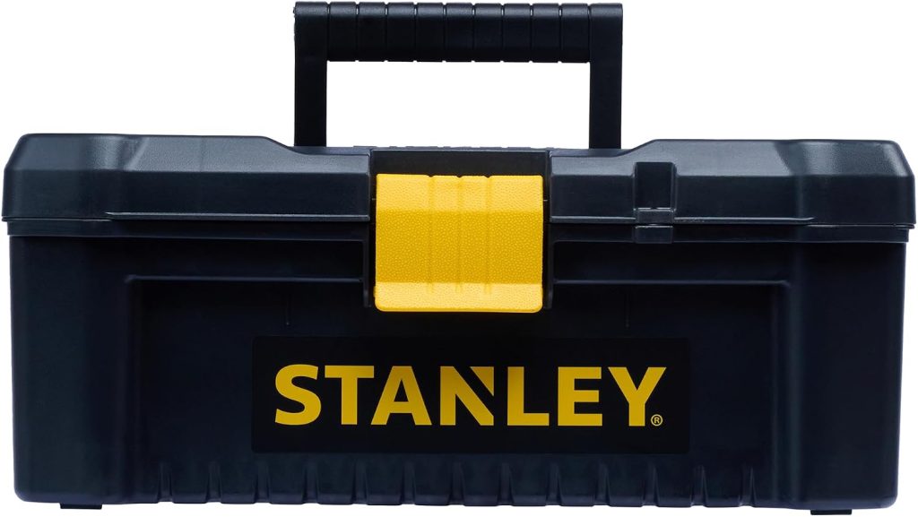 STANLEY Caja de herramientas de plástico con cierre de plástico, 40,6 x 20,5 x 19,5 cm, asa ergonómica, organizadores en la tapa, bandeja interior extraíble, orificio para candado, STST1-75517
