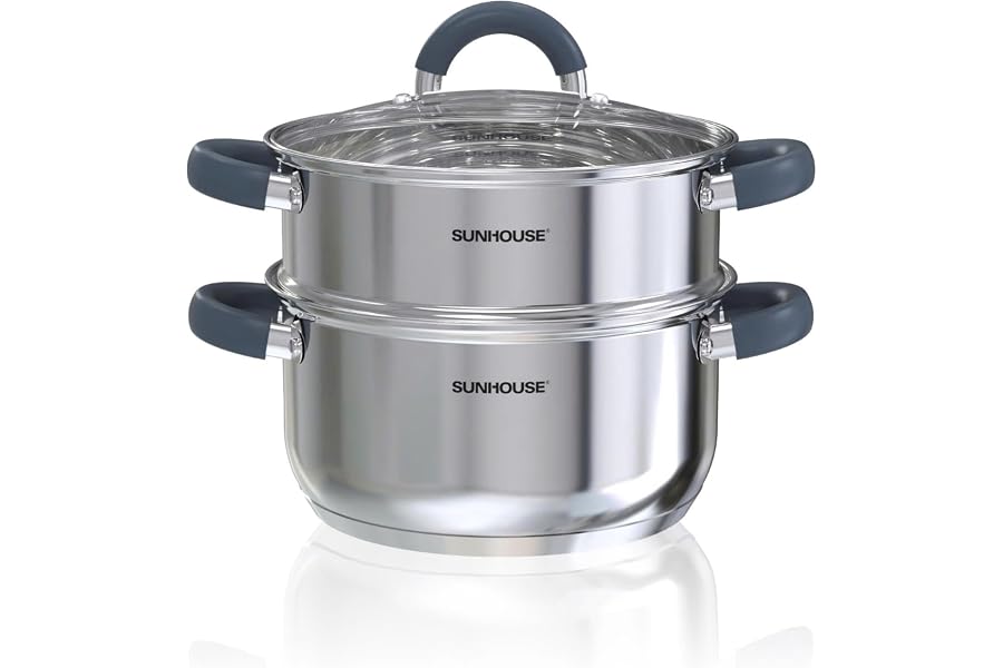 SUNHOUSE 3-Quart Stainless Steel Steamer Pot for Cooking Vegetables | Steaming Pot with Glass Lid & Steamer Basket - 2 Tier Tri-ply Stovetop Steamer For Vegetable, Veggie - Induction Compatible