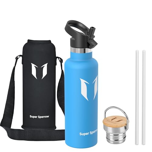 Sparrow Botella Agua Acero Inoxidable 750ml - Botella Termica con Pajita | Sin BPA & Fugas, Lavavajillas, Deporte, Gimnasio, Oficina, TwistTrail Botella Termica Tapa Pajita,Tapa Asa & Funda