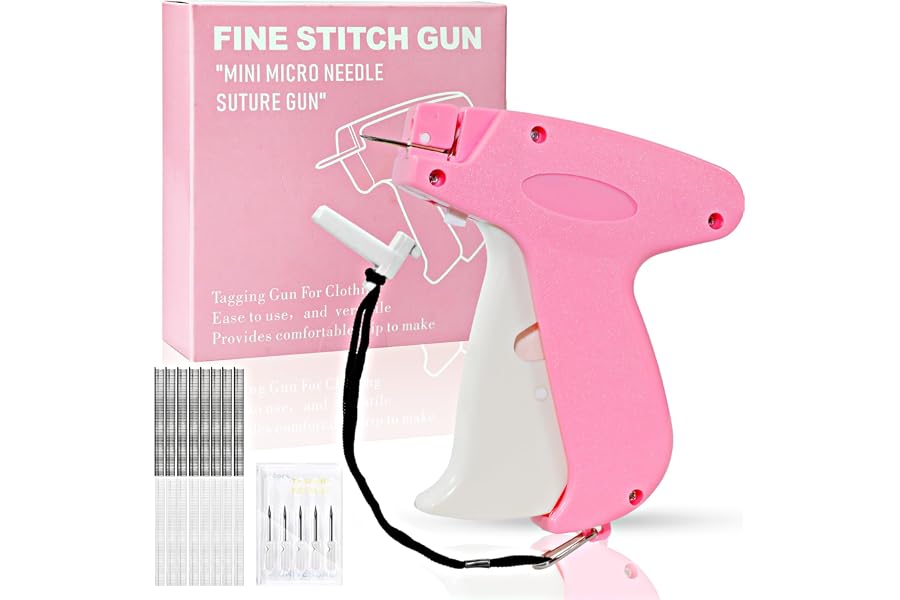 Stitch Gun for Clothes, Bright Pink Handheld Quick Clothing Fixer, Sewing Kit with 1000 Black & 1000 White Fasteners, 6 Needles, Tagging Gun for Clothing Repair & DIY