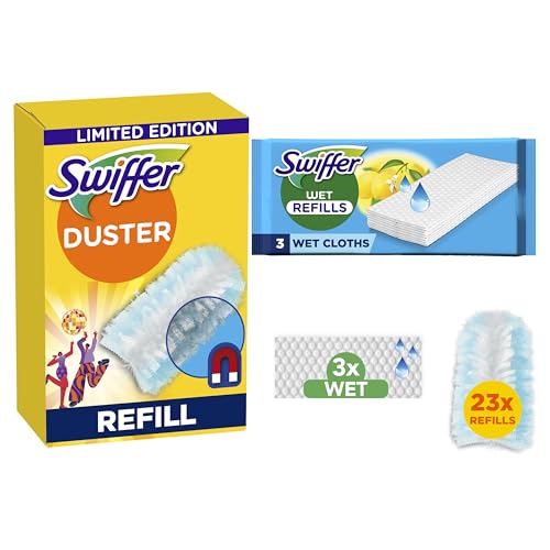 Swiffer Duster Plumeau Recharges x23 + 3 Lingettes balais humides | 23 unités, 3 lingettes humides. Capture poussière, saleté, poils, allergènes. Rapide.