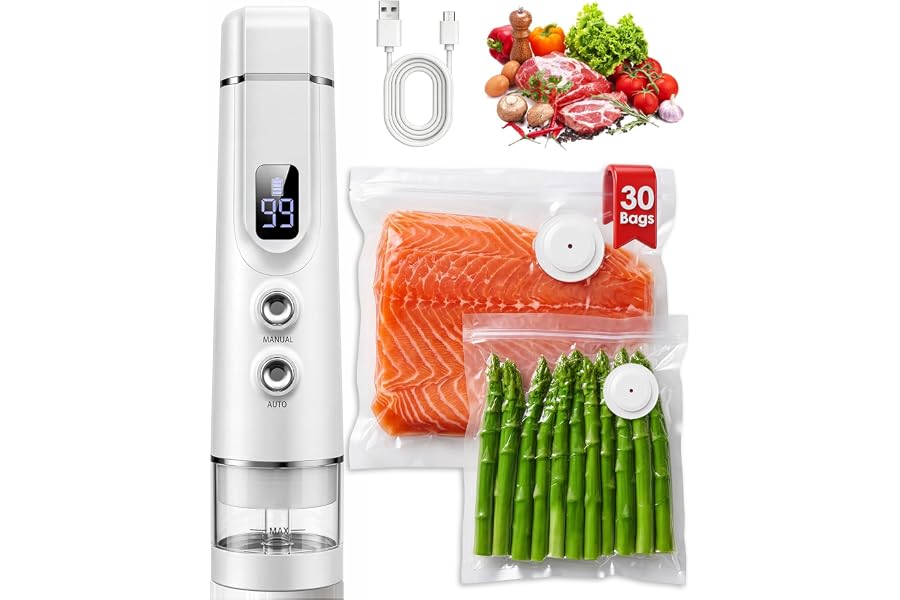 Synvox Vacuum Sealer for Food: 30 Reusable Bags & 20ml Tank | Compact Food Saver Vacuum Sealer Machine: 1800mAh Battery, Dual-Mode, Digital Display - Keep Food Fresh Up to 6X Longer