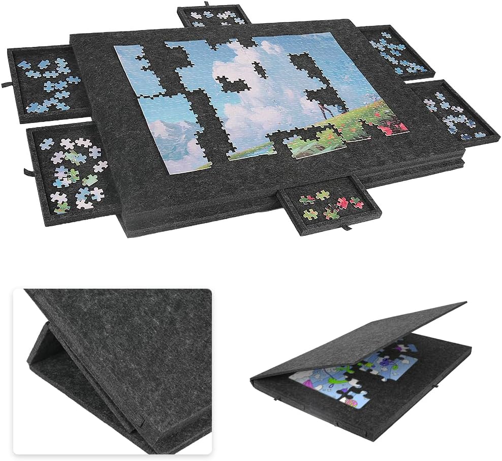 Tapis Puzzle 1000 Pièces avec 6 Tiroirs de Tri et Support, 77 x 53,6 cm | Avec Couverture, Support et Surface en Feutre, Léger et Portable pour Organiser Facilement Les Pièces du Puzzle