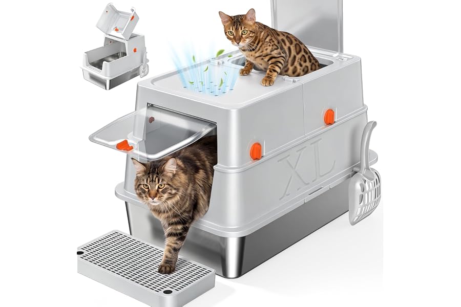Tevila XL Enclosed Stainless Steel Litter Box with Lid,Covered,Light Gray | Scoop & Step Included , High Sided, Rustproof & Leak Proof, 180° Flip Cover, Easy Clean, Odor Contr,top entryol