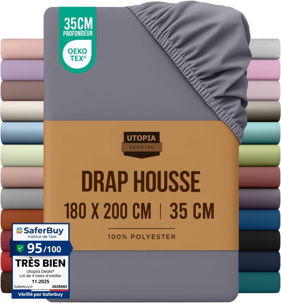 Utopia Bedding Drap Housse - Gris, 180 x 200 cm | Certifié Oeko-Tex - Bonnets 35 cm pour Matelas Épais - Polyester Microfibre brossée