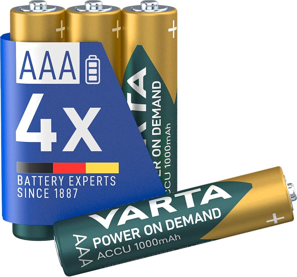 VARTA Pilas AAA, recargables, paquete de 4, Recharge Accu Power, batería recargable, 1000 mAh Ni-MH, sin efecto memoria, precargadas, listas para usar