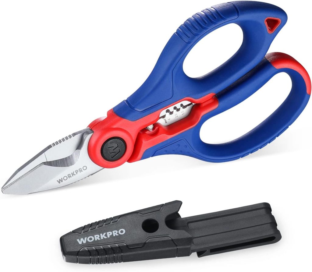 WORKPRO Tijeras para Electricista con Pelacables 163mm | Incluye Funda Con Clip, Acero Inoxidable, Para Cortar Cables Y Alambres